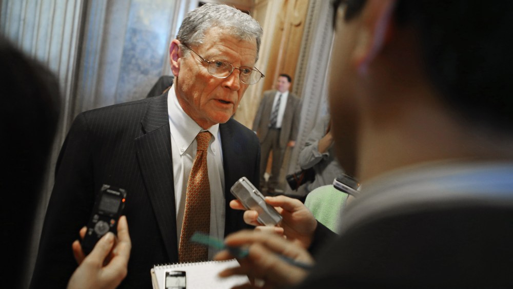 Senate Armed Service Committee ranking member Sen. James Inhofe talks with reporters at the U.S. Capitol February 14, 2013 in Washington, DC.
