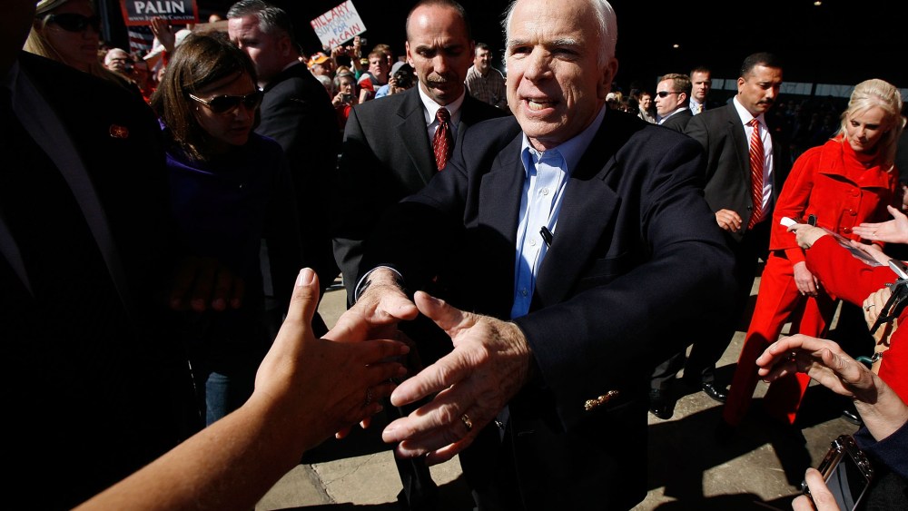 Sen. John McCain (R-AZ) greets supporters after addressing a campaign rally at Tri City Aviation November 3, 2008 in Blountville, Tennessee.