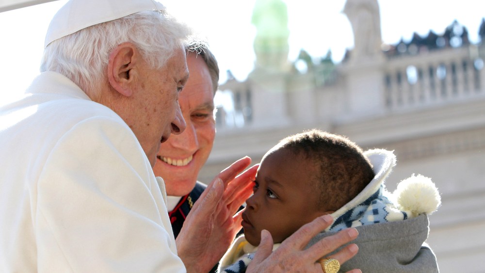 Pope Benedict XVI kisses a child as he arrives in St Peter's Square for his final general audience on February 27, 2013 in Vatican City, Vatican. The Pontiff attended his last weekly public audience before stepping down tomorrow. Pope Benedict XVI has...