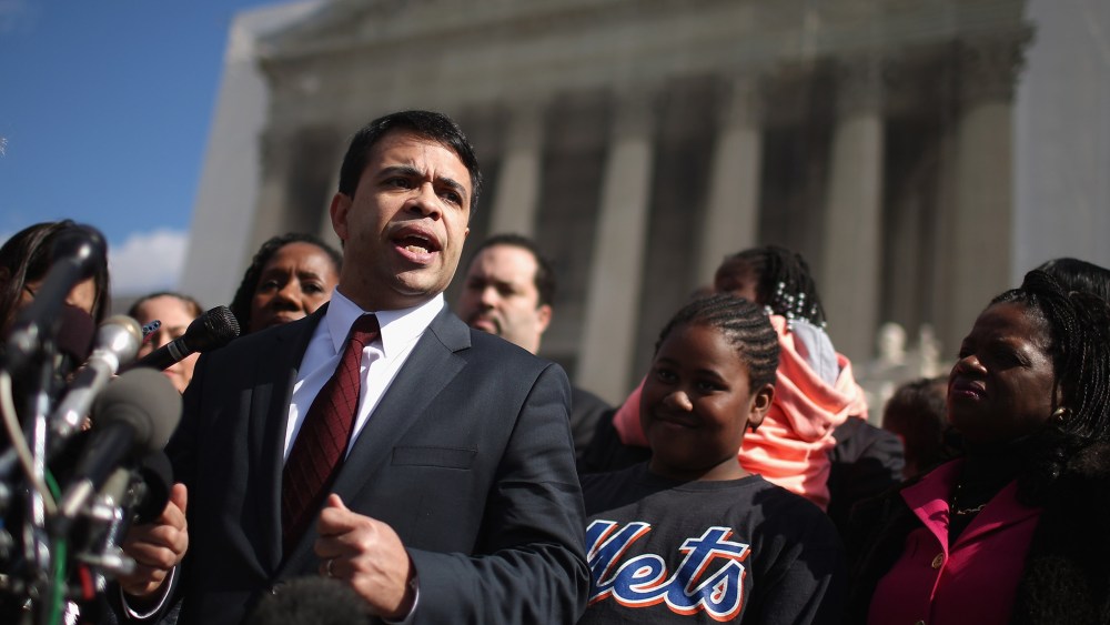 NAACP Legal Defense and Educational Fund Special Council Debo Adegbile talks to reporters outside of the U.S. Supreme Court February 27, 2013.