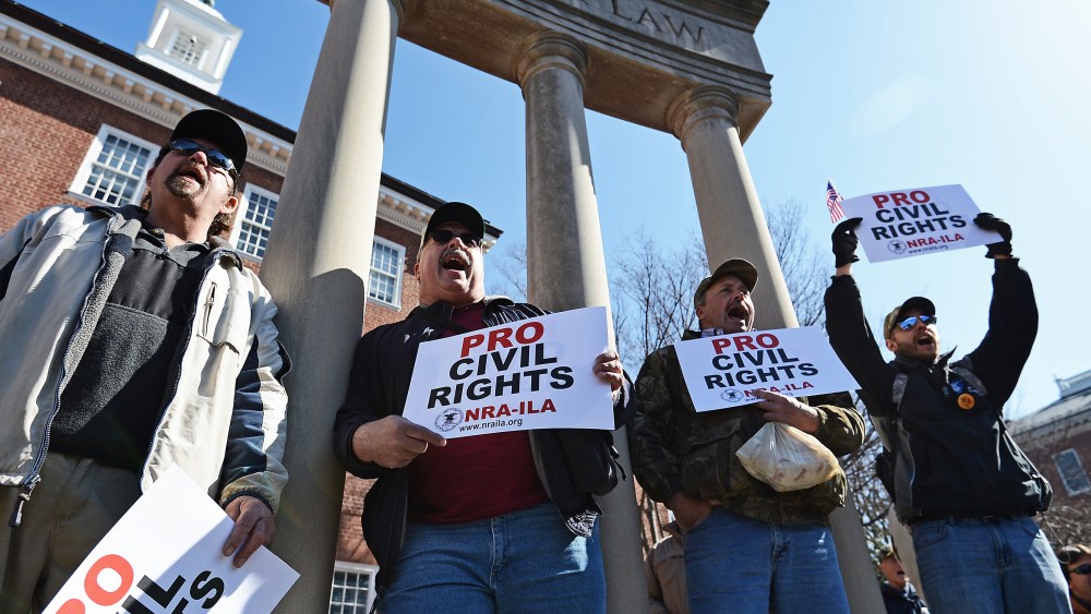 Second Amendment supporters rally against stricter gun control laws at the Maryland State House on March 5, 2013 in Annapolis, Maryland. If the Maryland Firearm Safety Act legislation bill is passed, it would require a license to purchase a handgun,...