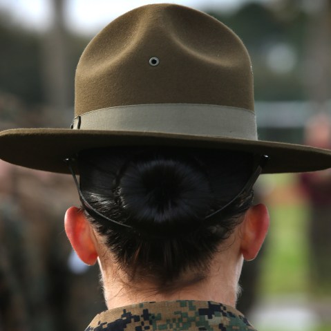 Drill Instructor speaks to her female Marine recruits during boot camp February 27, 2013 at Parris Island, South Carolina. (Photo by Scott Olson/Getty Images)