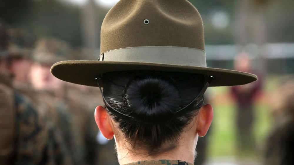 A Drill Instructor speaks to her female Marine recruits during boot camp February 27, 2013 at MCRD Parris Island, South Carolina.