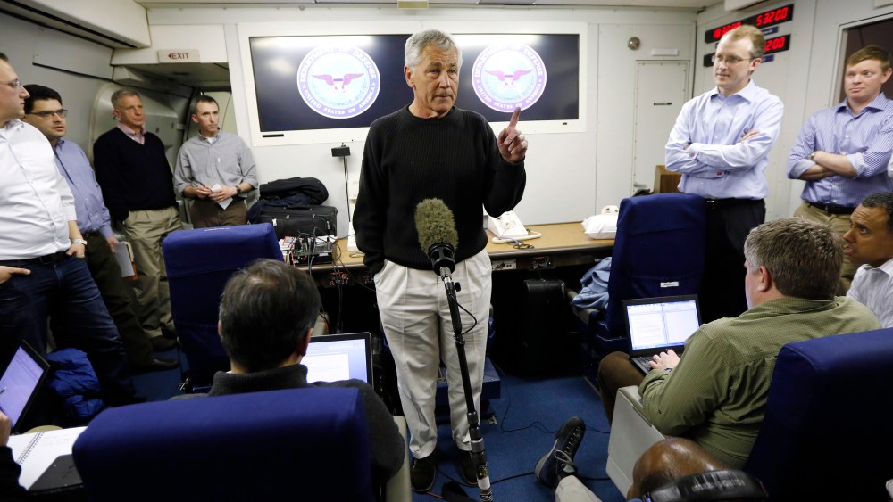 Hagel was making his first official trip since being sworn-in as U.S. Defense Secretary.  (Photo by Jason Reed-Pool/Getty Images)