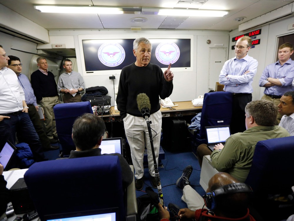 Hagel was making his first official trip since being sworn-in as U.S. Defense Secretary.  (Photo by Jason Reed-Pool/Getty Images)