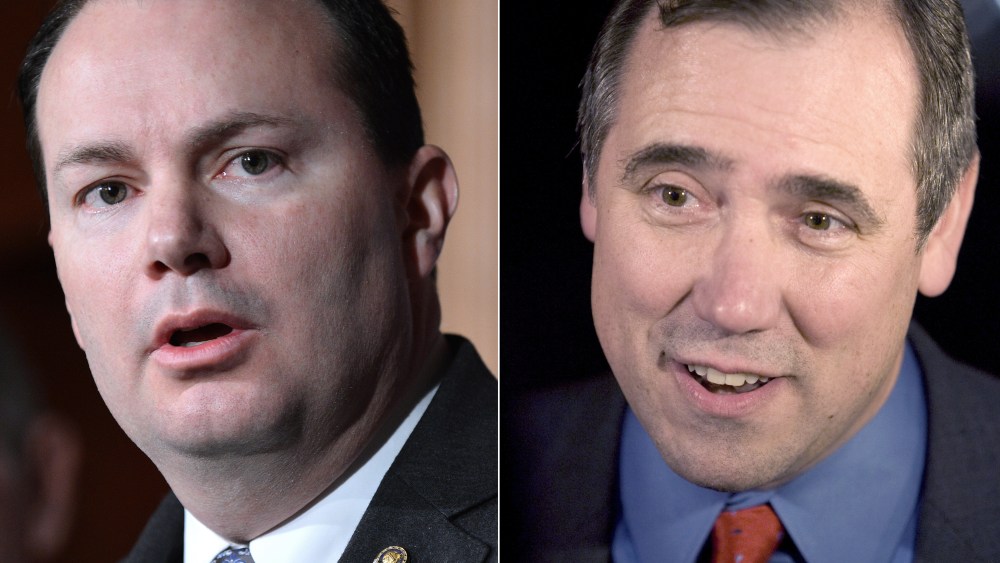 This digital composite shows file photos: (L): Senator Mike Lee, R-UT, speaks during a press conference on defunding "Obamacare" March 13, 2013. (Photo by Jewel Samad/AFP/Getty Images) (R): Democratic Senator Jeff Merkley from Portland, Ore., on...