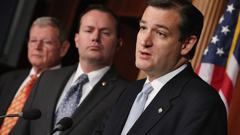 Sen. Ted Cruz (R-TX), Sen. Mike Lee (R-UT) and Sen. James Inhofe (R-OK) announce their plan to defund Obamacare.