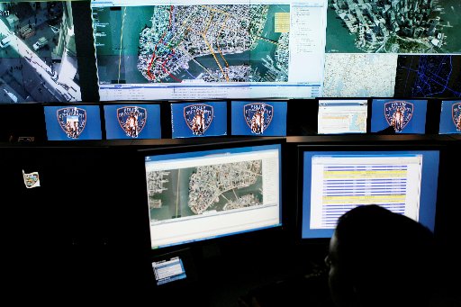 Maps of lower Manhattan and camera views are displayed at the command center of the Lower Manhattan Security Initiative in New York, Monday, Nov. 17, 2008. (AP Photo/Seth Wenig)