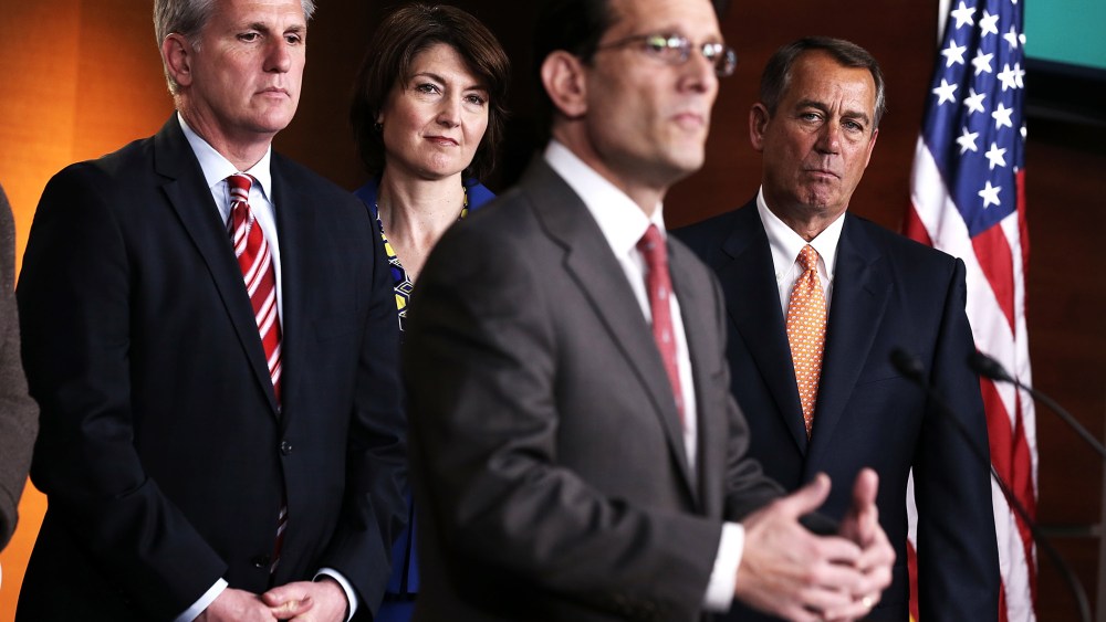Eric Cantor speaks as John Boehner, House Majority Whip Rep. Kevin McCarthy and Rep. Cathy McMorris Rodgers look on during a news conference, March 13, 2013.
