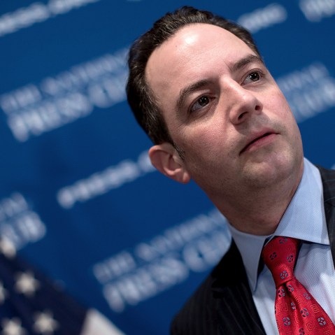 Republican National Committee Chairman Reince Priebus talks with members of the press after speaking at the National Press Club March 18, 2013 in Washington, DC.