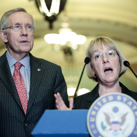 Sen. Patty Murray, D-Wash., speaks to the press with Senate Majority Leader Harry Reid, D-Nev., after the weekly Senate Democrats policy luncheon on March 19, 2013 in Washington, DC. The Senate is expected to pass a revised continuing resolution and...