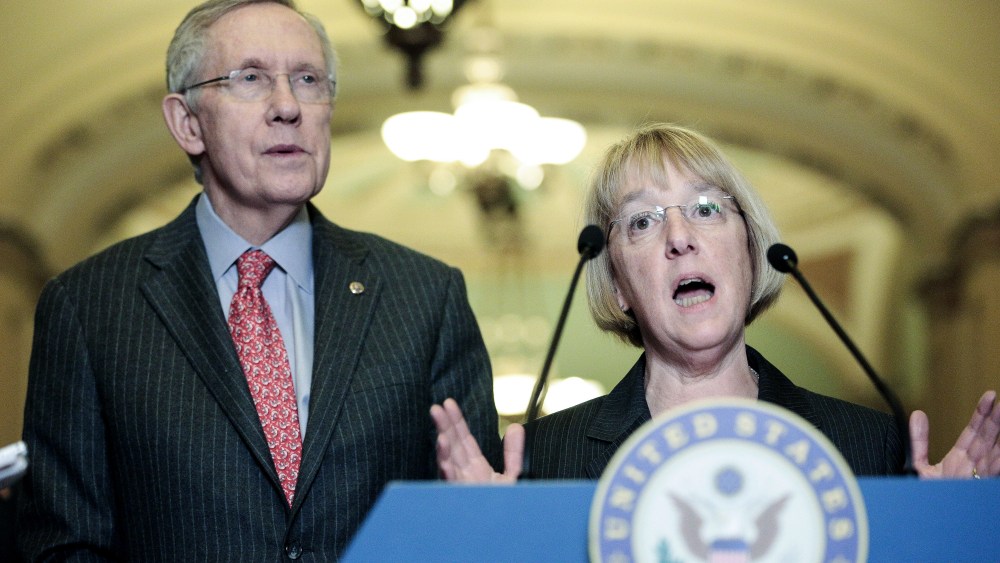 Sen. Patty Murray, D-Wash., speaks to the press with Senate Majority Leader Harry Reid, D-Nev., after the weekly Senate Democrats policy luncheon on March 19, 2013 in Washington, DC. The Senate is expected to pass a revised continuing resolution and...