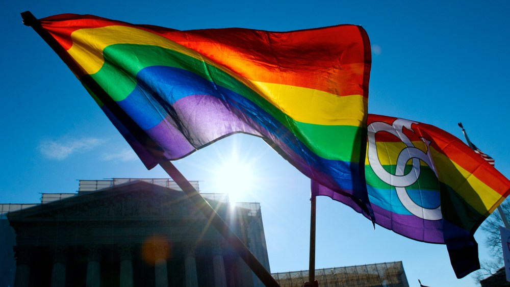 Gay pride flags flying at the US Supreme Court on March 27, 2013 in Washington, DC.