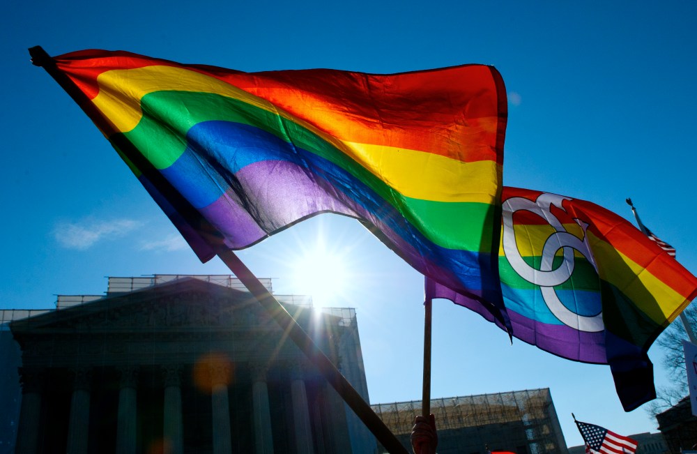 Gay pride flags flying at the US Supreme Court on March 27, 2013 in Washington, DC.