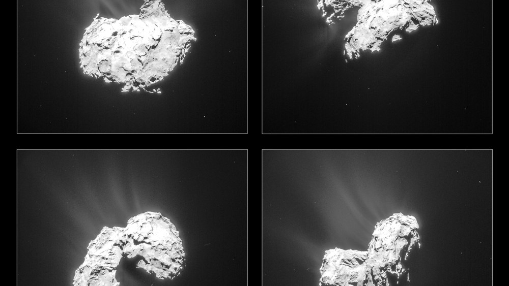 Montage of four single-frame images of Comet 67P/C-G