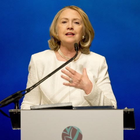 Former US Secretary of State Hillary Clinton addresses the Vital Voices Global Awards ceremony at the Kennedy Center in Washington on April 2, 2013. (Photo by Nicholas Kamm/AFP/Getty Images)