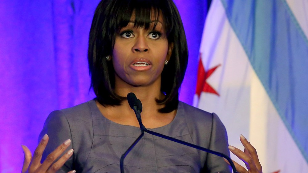 First lady Michelle Obama get emotional as she speaks to guests about the murder of 15-year-old Hadiya Pendleton during a speech about combating youth violence at a luncheon April 10, 2013 in Chicago, Illinois. According to published reports Chicago...
