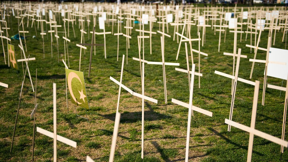 Hundreds of crosses, representing gun deaths since the Newtown, Connecticut elementary shootings, are placed on the National Mall on April 11, 2013 in Washington, DC.