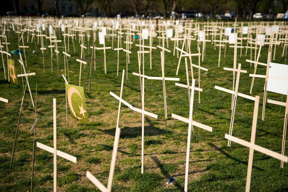 Hundreds of crosses, representing gun deaths since the Newtown, Connecticut elementary shootings, are placed on the National Mall on April 11, 2013 in Washington, DC.