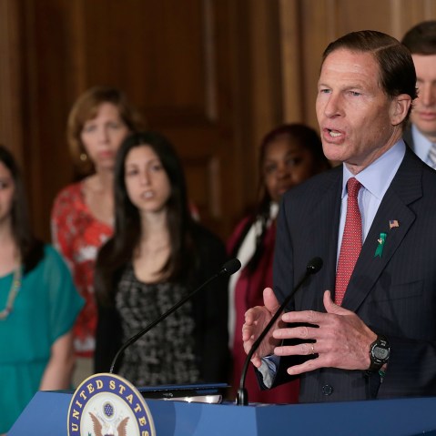 U.S. Sen. Richard Blumenthal (D-CT) speaks at a press conference prior to the first vote on gun reform in the U.S. Senate surrounded by members of families of victims of gun violence at the U.S. Capitol April 11, 2013 in Washington, DC. The Senate...