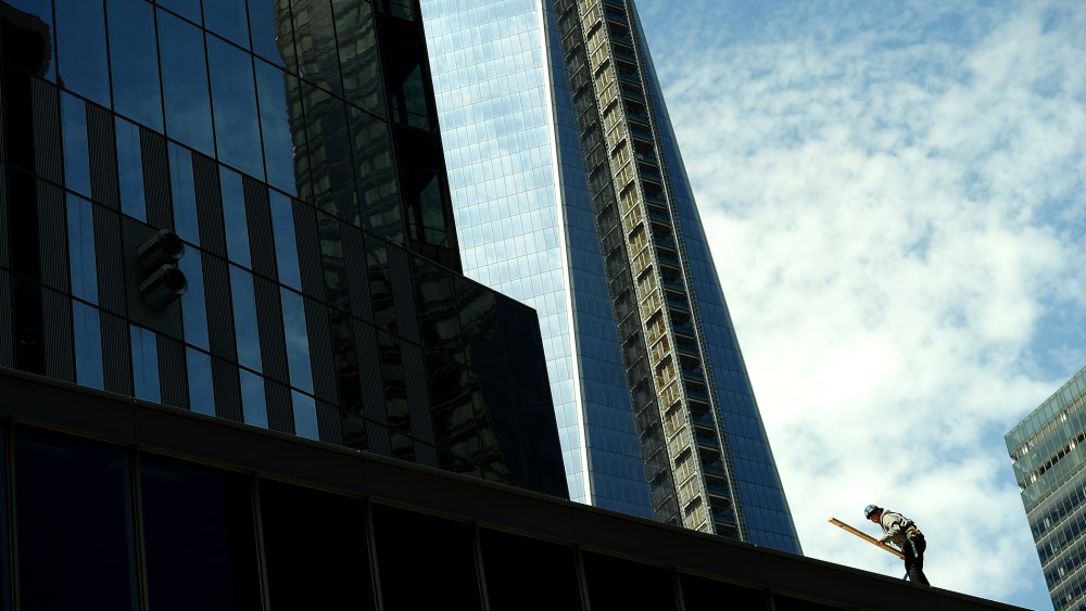 A construction worker works at Ground Zero, the World Trade Center building site, in New York, April, 16, 2013.