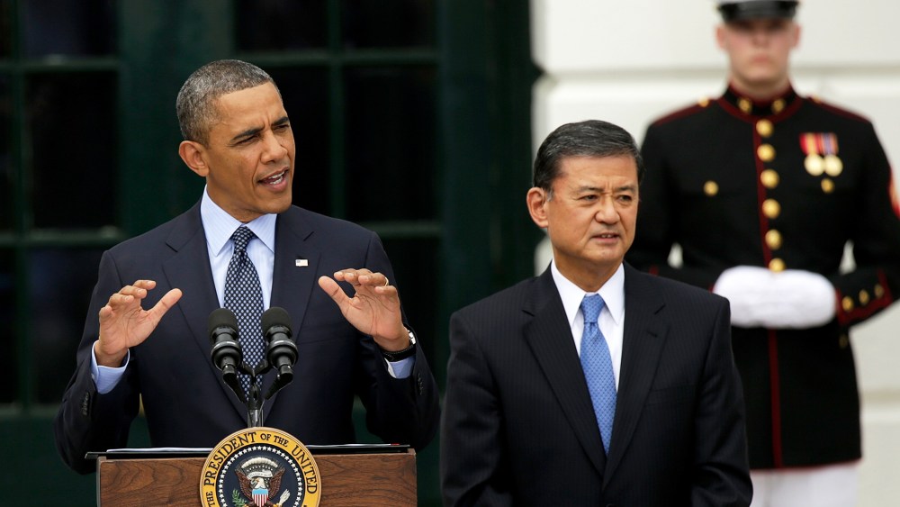 U.S. President Barack Obama makes remarks before officially starting the beginning of the Wounded Warrior Project's Soldier Ride with Veterans Affairs Secretary Eric Shinseki at the White House April 17, 2013 in Washington, DC.