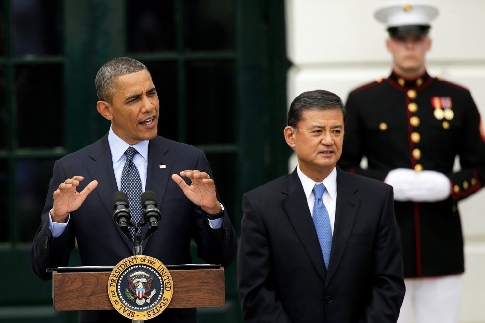 U.S. President Barack Obama makes remarks before officially starting the beginning of the Wounded Warrior Project's Soldier Ride with Veterans Affairs Secretary Eric Shinseki at the White House April 17, 2013 in Washington, DC.