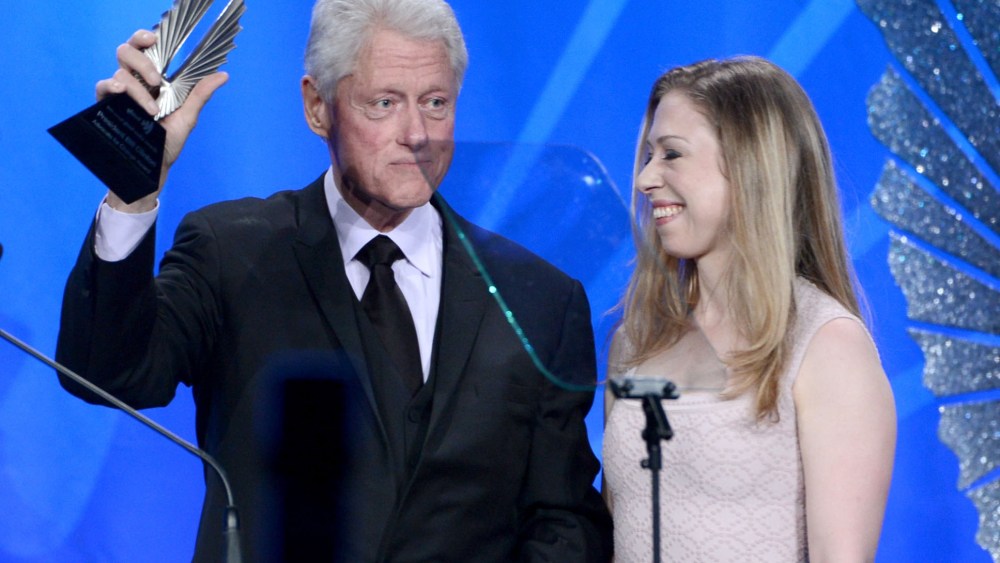 Former President of the United States Bill Clinton accepts the Advocate for Change Award with Chelsea Clinton onstage during the 24th Annual GLAAD Media Awards presented by Ketel One and Wells Fargo at JW Marriott Los Angeles at L.A. LIVE on April 20,...