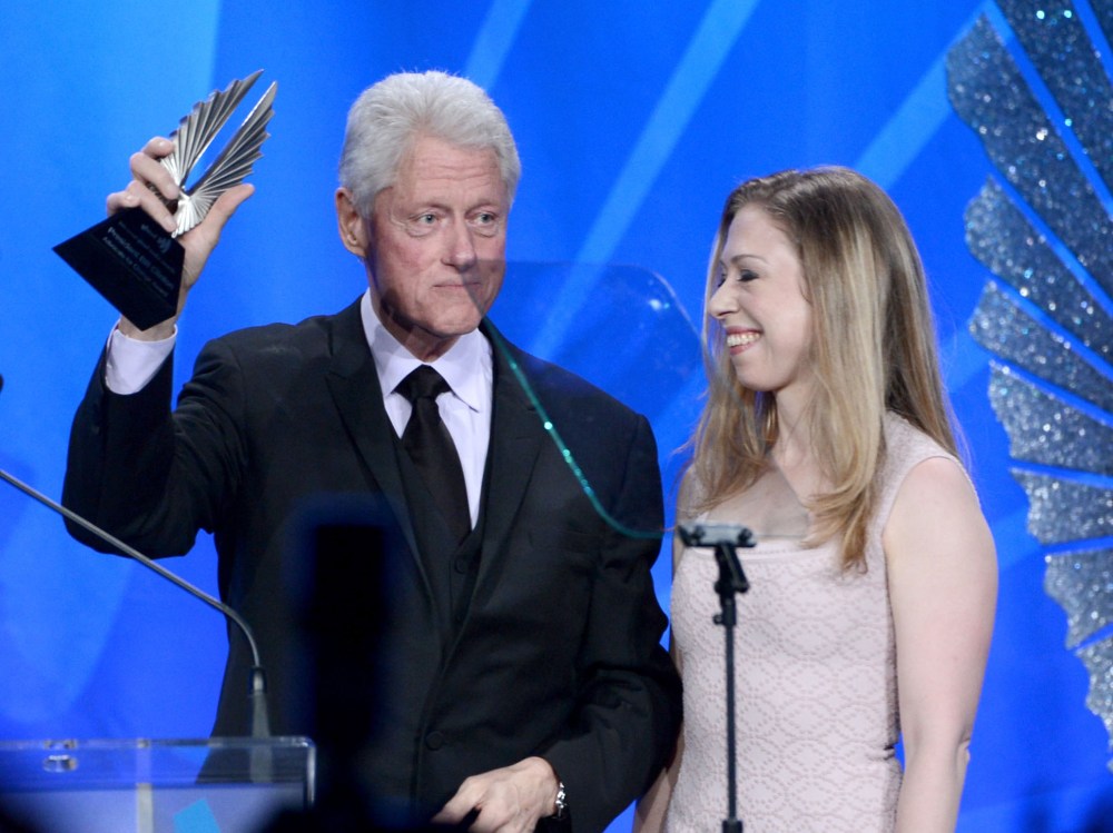 Former President of the United States Bill Clinton accepts the Advocate for Change Award with Chelsea Clinton onstage during the 24th Annual GLAAD Media Awards presented by Ketel One and Wells Fargo at JW Marriott Los Angeles at L.A. LIVE on April 20,...