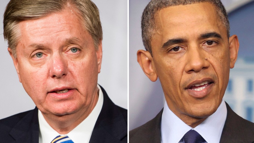 This digital composite shows (L-R)  Sen. Lindsey Graham, R-S.C., as he holds a news conference on Monday, April 22, 2013, to discuss the Boston bombing suspect not being treated as an enemy combatant. (Photo By Bill Clark/CQ Roll Call) US President...