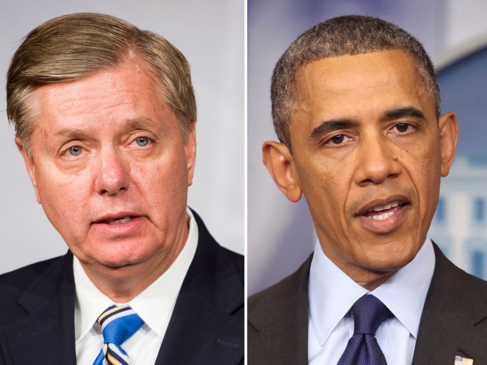 This digital composite shows (L-R)  Sen. Lindsey Graham, R-S.C., as he holds a news conference on Monday, April 22, 2013, to discuss the Boston bombing suspect not being treated as an enemy combatant. (Photo By Bill Clark/CQ Roll Call) US President...