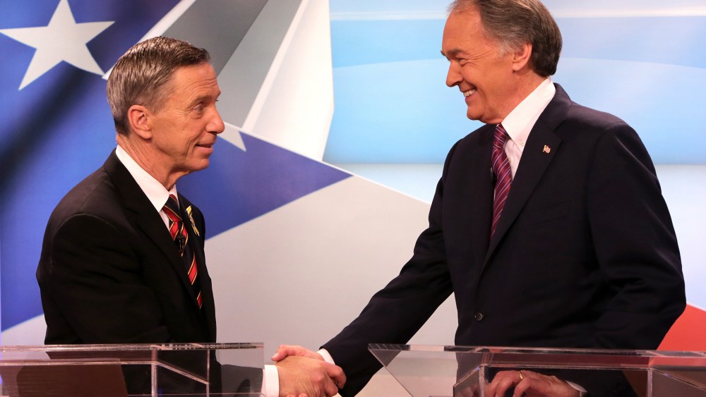 Democratic U.S. Senate candidates Stephen F. Lynch, at left, and Edward J. Markey, at right, greet each other prior to the start of debate at WBZ studios in Boston on April 22, 2013. (Photo by Barry Chin/The Boston Globe via Getty Images)