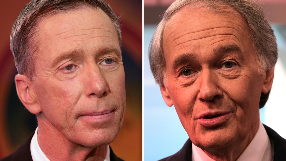 This digital composite shows(L-R): Democratic U.S. Senate candidate Stephen F. Lynch meets with the press following debate at WBZ studios on APril 22, 2013 in Boston. (Photo by Barry Chin/The Boston Globe via Getty Images) BOSTON - APRIL 22: Democratic...
