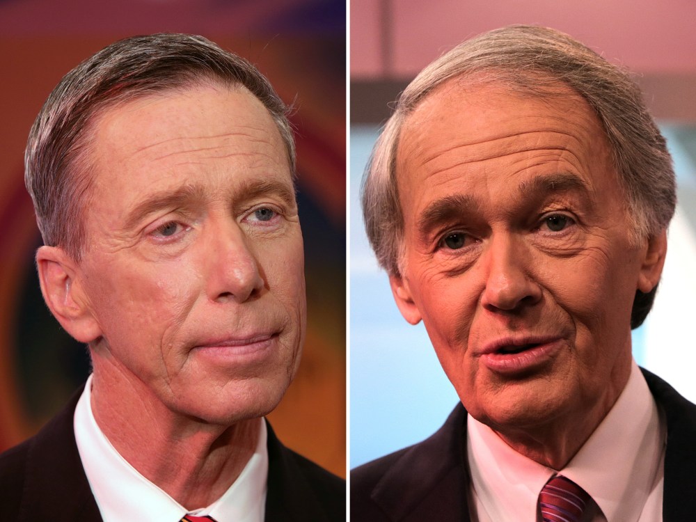 This digital composite shows(L-R): Democratic U.S. Senate candidate Stephen F. Lynch meets with the press following debate at WBZ studios on APril 22, 2013 in Boston. (Photo by Barry Chin/The Boston Globe via Getty Images) BOSTON - APRIL 22: Democratic...