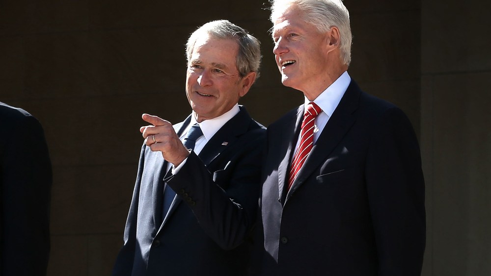 Former President George W. Bush and former President Bill Clinton attend the opening ceremony of the George W. Bush Presidential Center April 25, 2013 in Dallas, Texas.