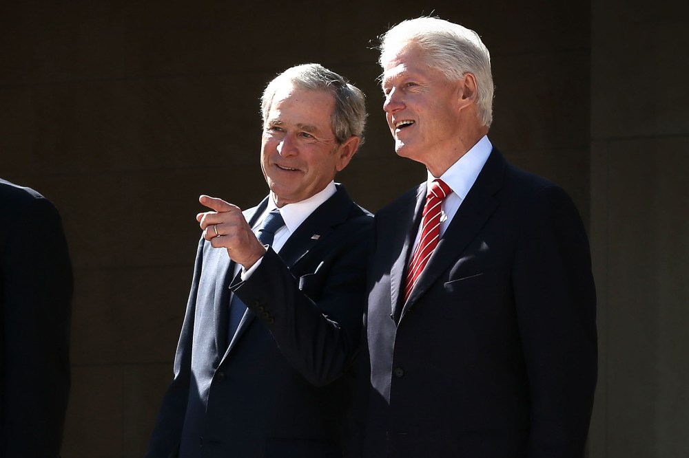 Former President George W. Bush and former President Bill Clinton attend the opening ceremony of the George W. Bush Presidential Center April 25, 2013 in Dallas, Texas.