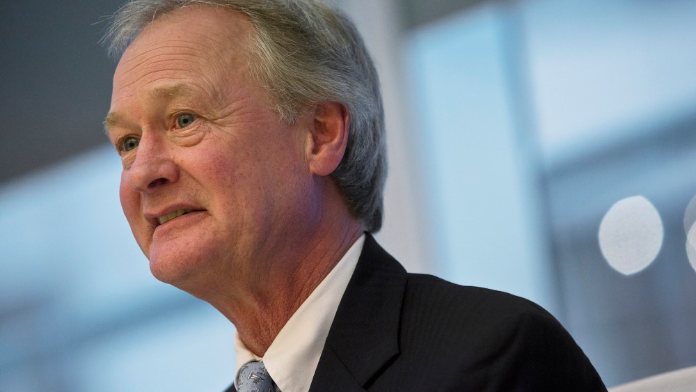 Lincoln Chafee, then-governor of Rhode Island, speaks during an interview in New York on April 29, 2013