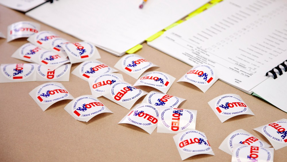 Voting stickers on a table in Malden, MA, April 30, 2013.