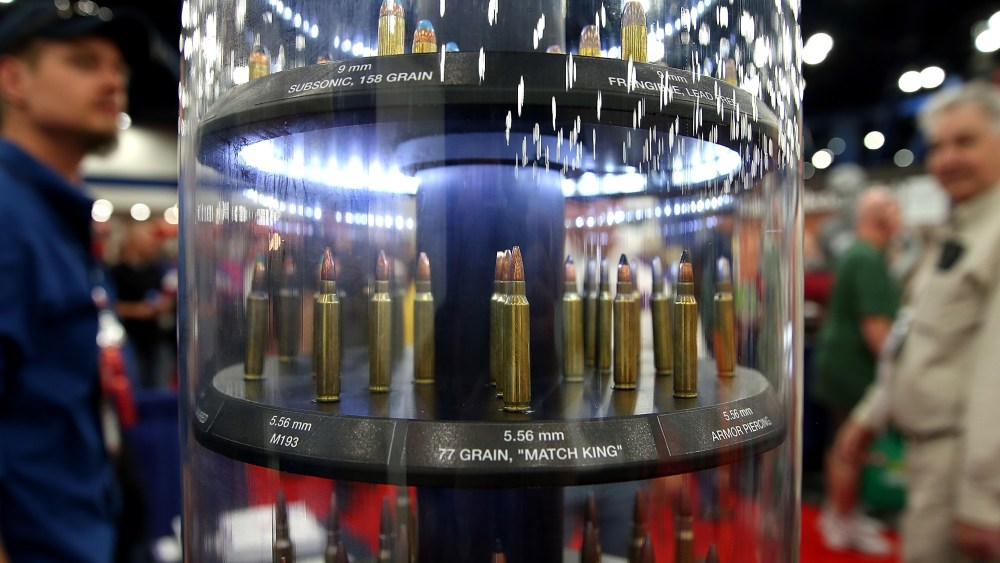 Attendees look at a display of ammunition during the 2013 NRA Annual Meeting and Exhibits at the George R. Brown Convention Center on May 3, 2013 in Houston, Texas.  More than 70,000 people are expected to attend the NRA's 3-day annual meeting that...