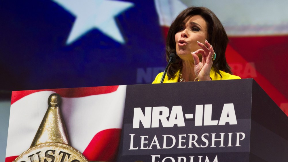 Judge Jeanine Pirro, host of the television program "Justice with Judge Jeanine," addresses the NRA annual Convention May 3, 2013 in Houston, Texas. More than 70,000 members of the nation's premier gun rights organization have flocked to Texas for the...