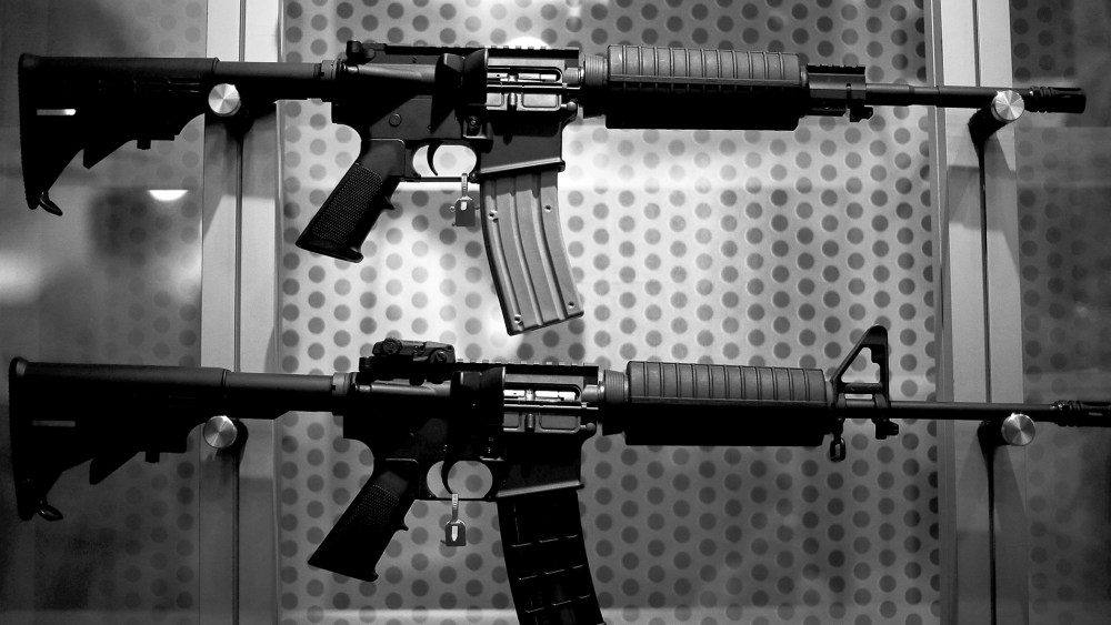 Assault rifles are displayed during the 2013 NRA Annual Meeting and Exhibits, May 4, 2013.