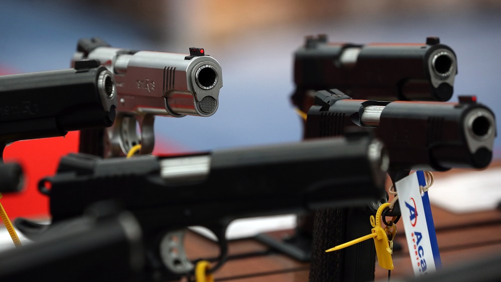 Handguns are displayed in the Remington booth during the 2013 NRA Annual Meeting and Exhibits at the George R. Brown Convention Center on May 5, 2013 in Houston, Texas. (Justin Sullivan/Getty)