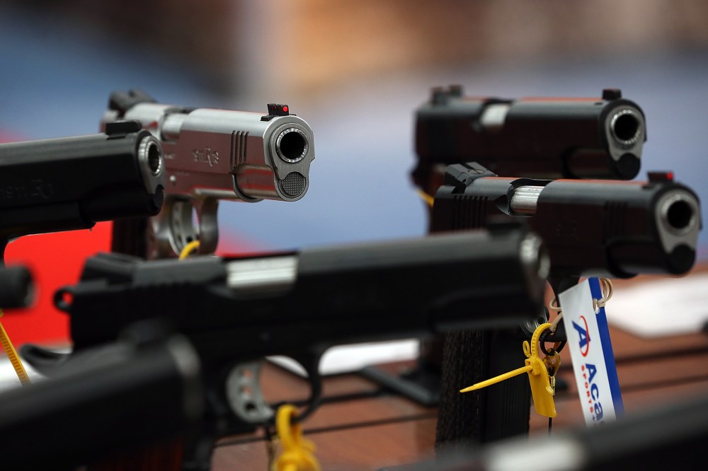 Handguns are displayed in the Remington booth during the 2013 NRA Annual Meeting and Exhibits at the George R. Brown Convention Center on May 5, 2013 in Houston, Texas. (Justin Sullivan/Getty)