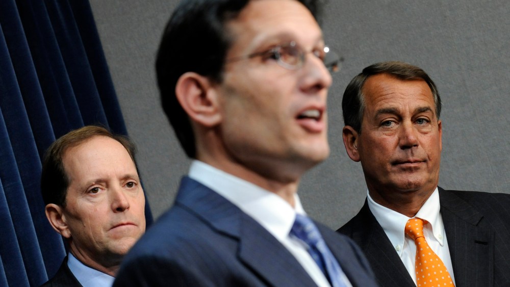 House Speaker John Boehner, right, and Rep. Dave Camp, left,  listen as House Majority Leader Eric Cantor, speaks on Capitol Hill in Washington, D.C., January 21, 2009.