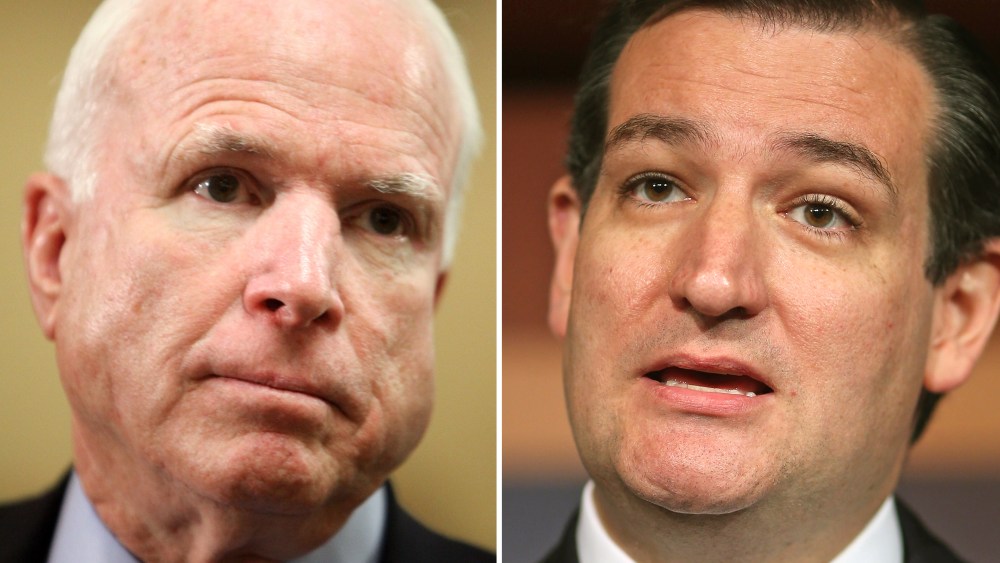 This digital composite shows (L-R) Sen. John McCain (R-AZ) as he speaks to the media  in the U.S. Capitol building May 14, 2013 in Washington, DC. (Photo by Allison Shelley/Getty Images) Sen. Ted Cruz (R-TX) as he holds a news conference at the U.S....