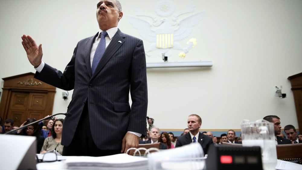 U.S. Attorney General Eric Holder is sworn in during a hearing before the House Judiciary Committee on oversight of the U.S. Department of Justice May 15, 2013 on Capitol Hill in Washington, DC. (Photo by Alex Wong/Getty Images)