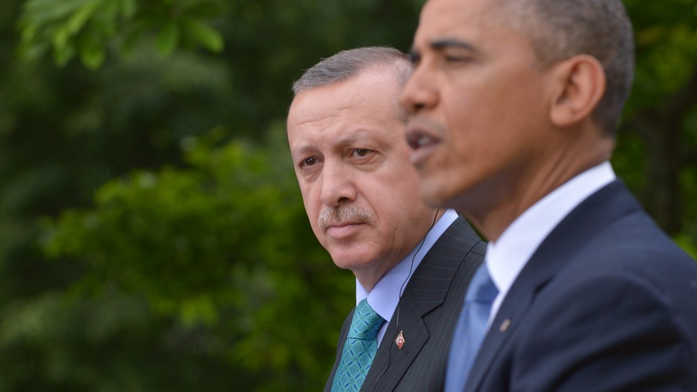 US President Barack Obama and Turkish Prime Minister Recep Tayyip Erdogan conduct a joint press conference in the Rose Garden of the White House on May 16, 2013 in Washington, DC. (Photo by Mandel Ngan/AFP/Getty Images)