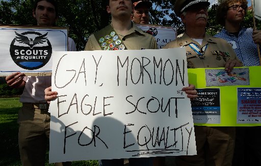 WASHINGTON, DC - MAY 22:  Members of Scouts for Equality hold a rally to call for equality and inclusion for gays in the Boy Scouts of America as part of the "Scouts for Equality Day of Action" May 22, 2013 in Washington, DC. The Boy Scouts of America...