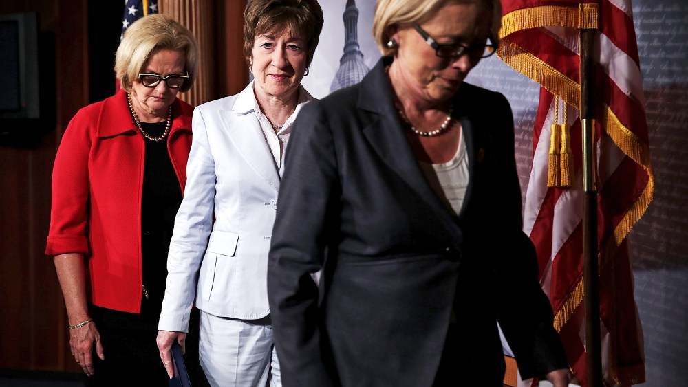 U.S. Sen. Claire McCaskill, Sen. Susan Collins, and Rep. Niki Tsongas leave after a news conference on Capitol Hill in Washington, May 23, 2013.