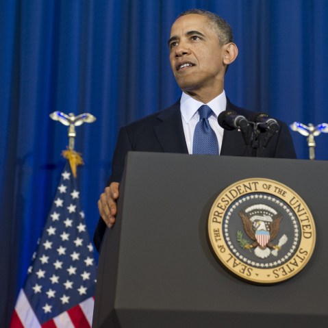 US President Barack Obama speaks about his administration's drone and counterterrorism policies, as well as the military prison at Guantanamo Bay, at the National Defense University in Washington, DC, May 23, 2013. (Photo by Saul Loeb/AFP/Getty Images)
